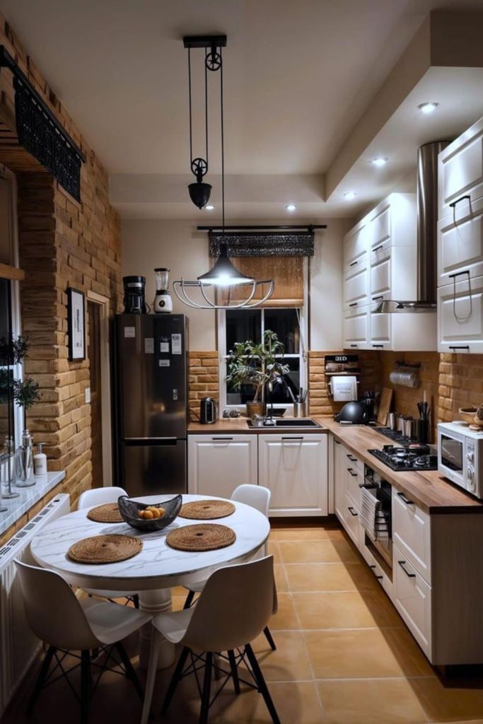Butcher block with copper pans.