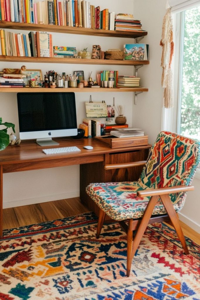 Boho corner desk with woven decor