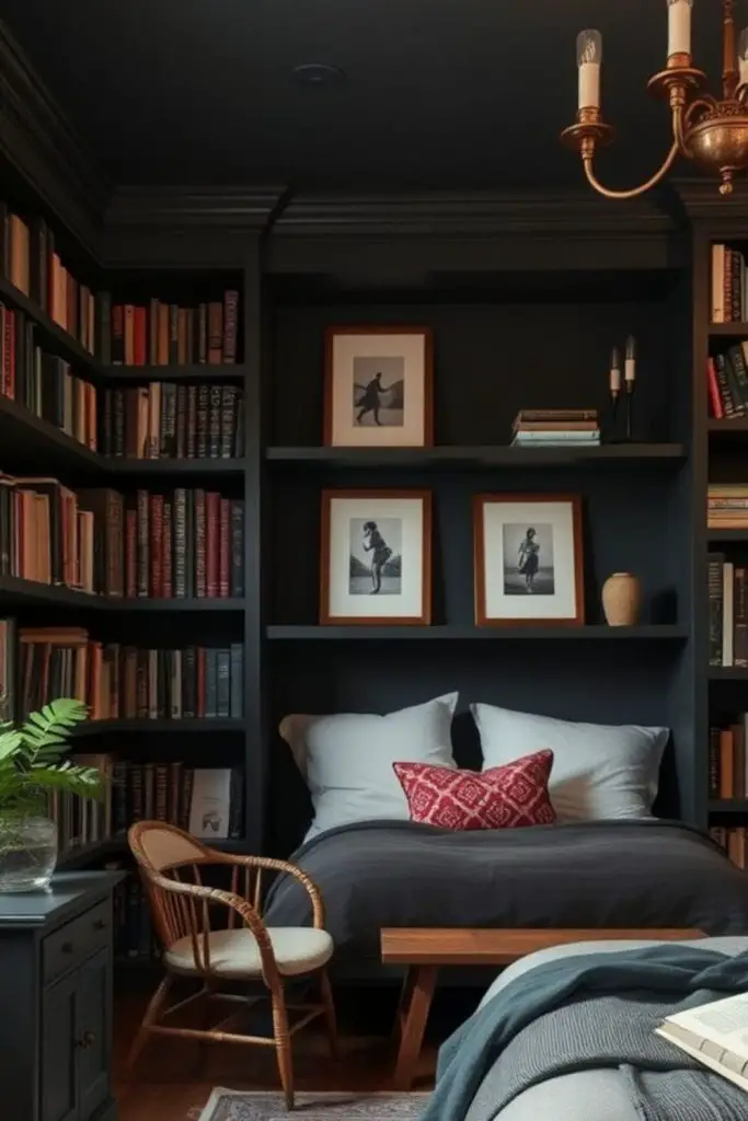 Warm inviting book-lover bedroom nook.