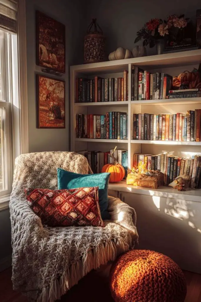 Reading nooks styled for autumn coziness.