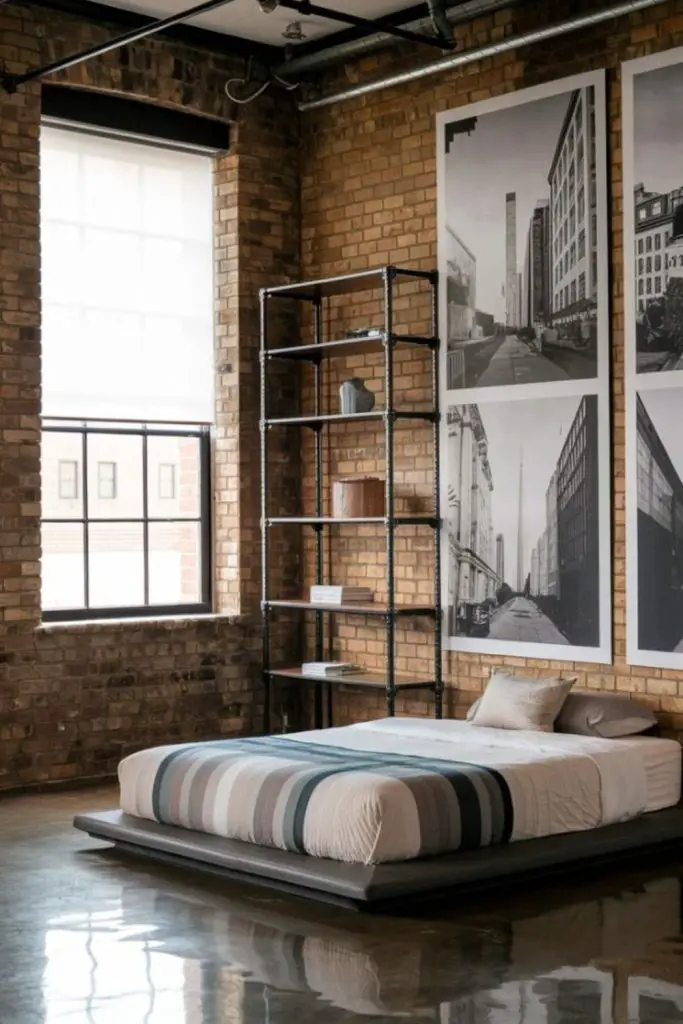 Industrial urban loft-inspired cozy bedroom.
