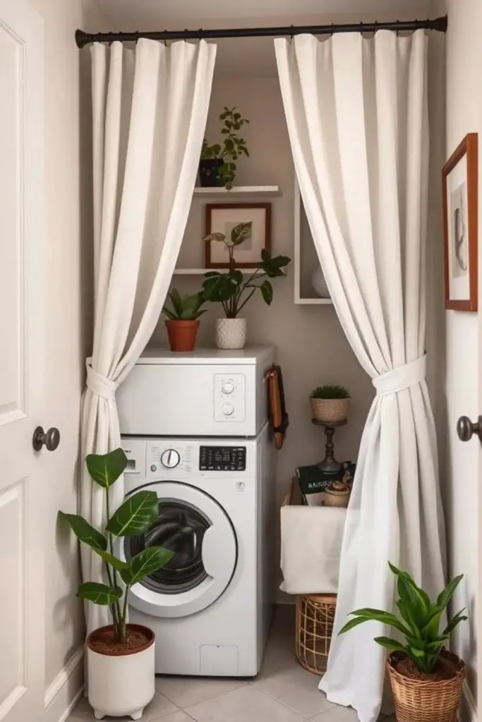 Curtain divider hides washer neatly