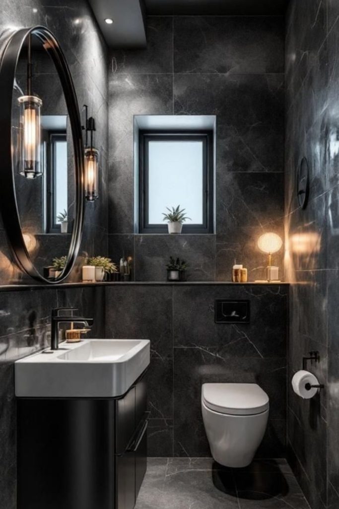 Dark small bathroom with moody charm.