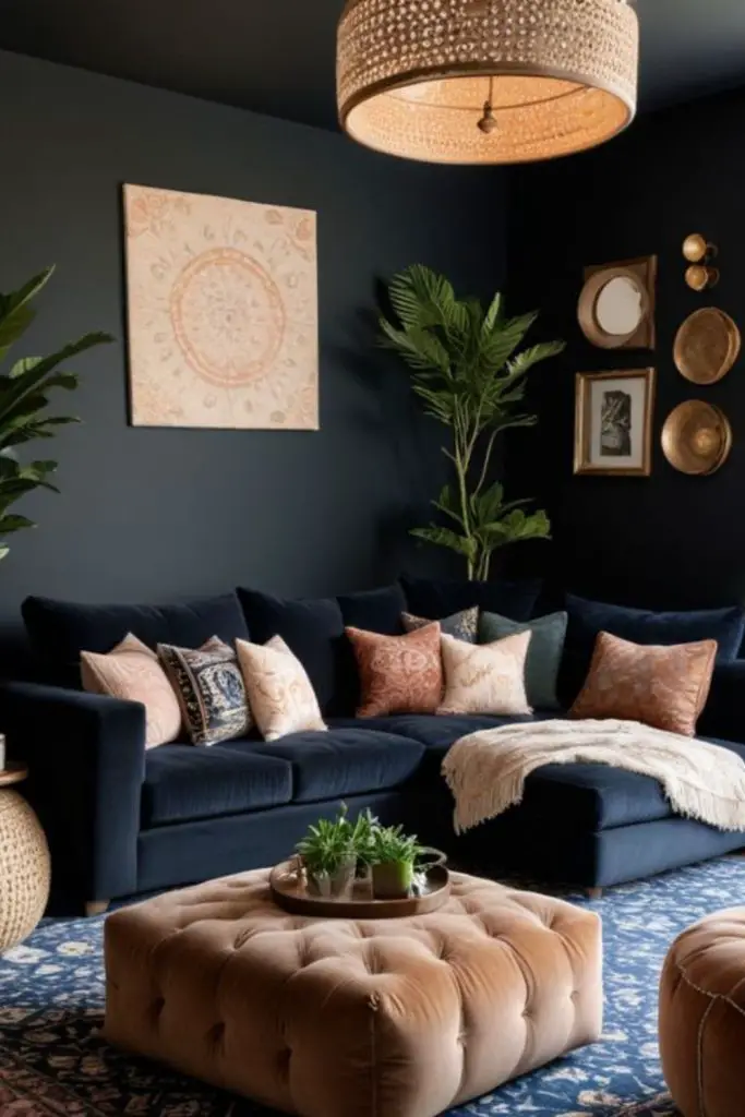 Dark moody den with Persian rug