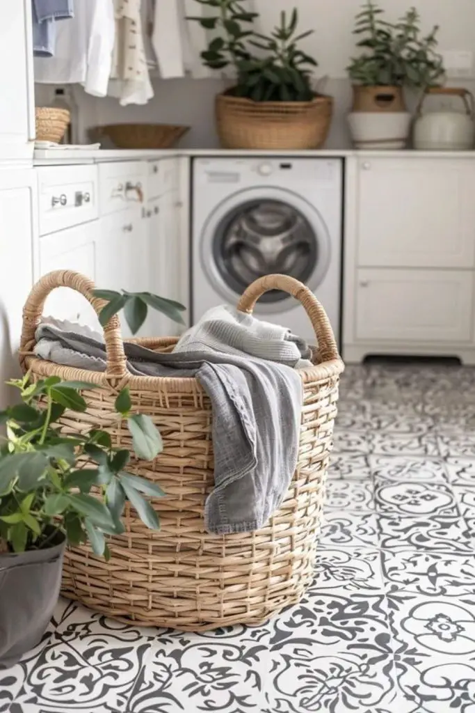 Decorative rug softens laundry floor