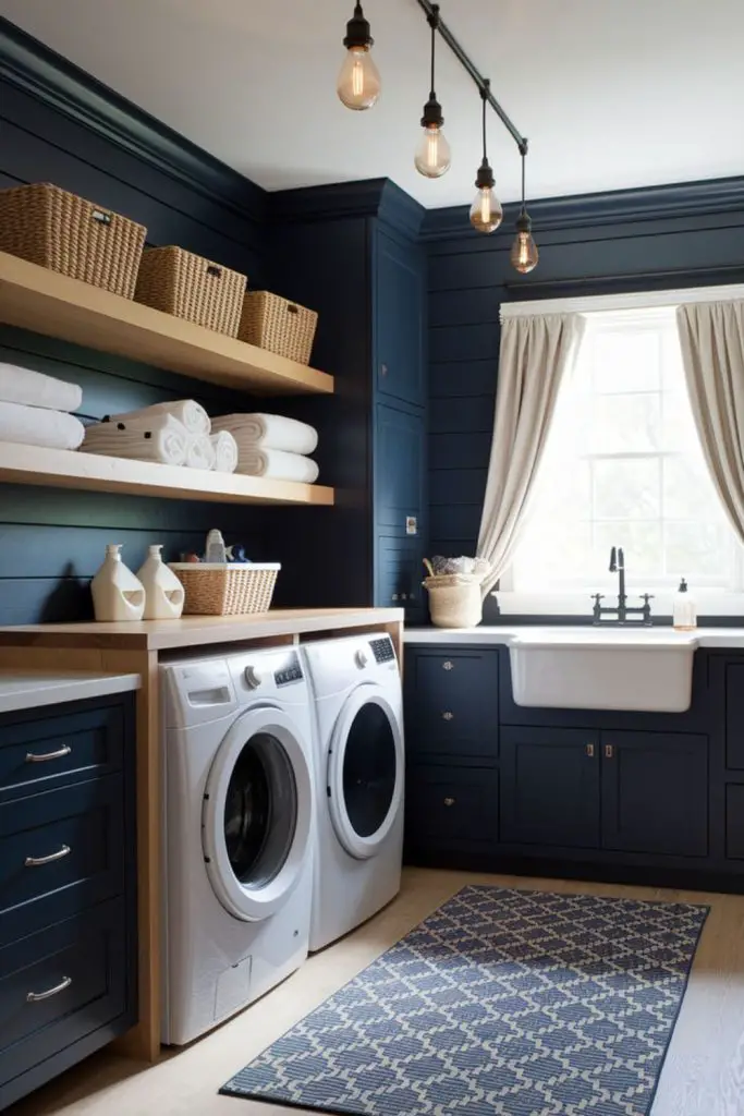 Deep navy laundry with copper accents