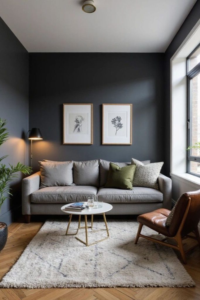 Charcoal walls with gold accents.