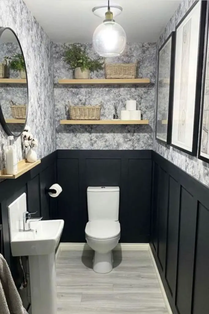 Two-tone walls expand narrow toilet room