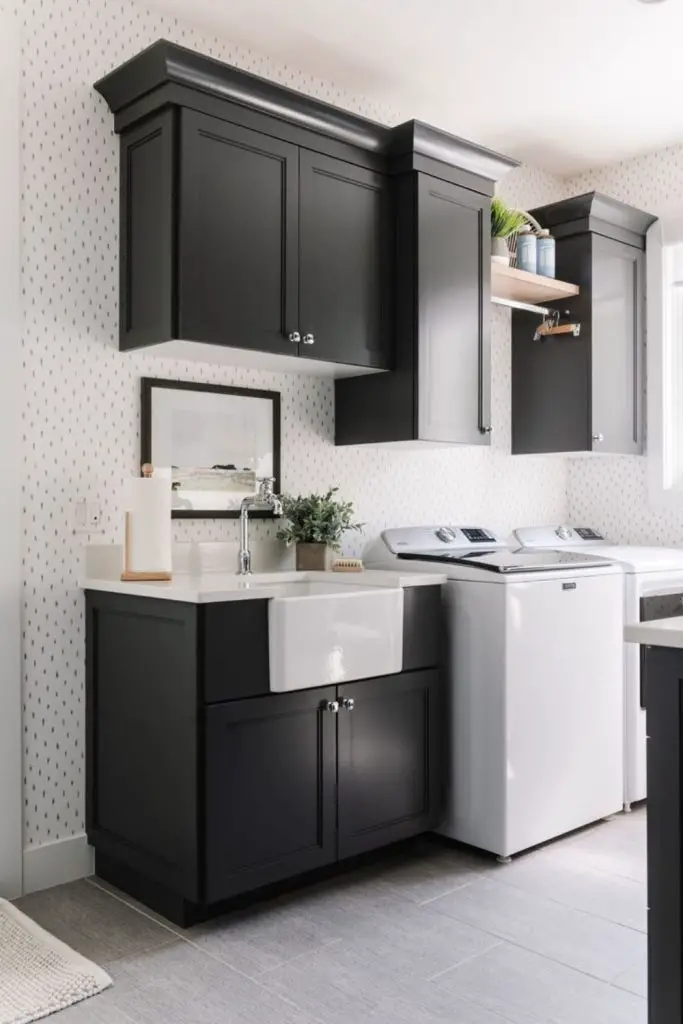 Dusty charcoal cabinets with gold hardware