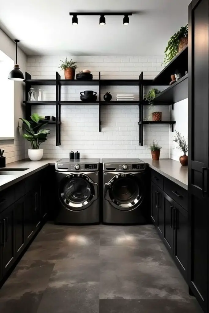 Ebony subway tiles with sleek cabinetry