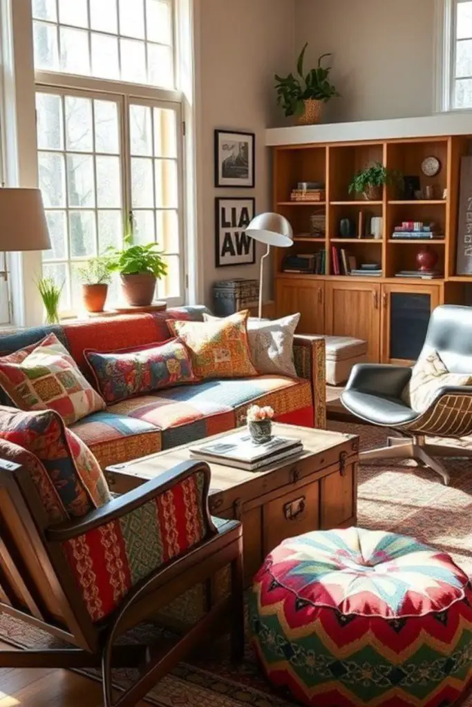 Eclectic patchwork lounge with mismatched decor