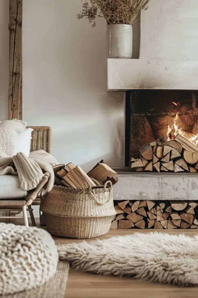 Stacked firewood enhances cozy indoor space.