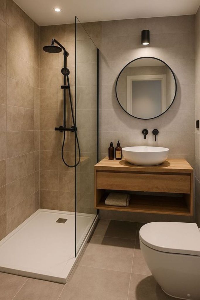 Floating vanity makes bathroom feel bigger.