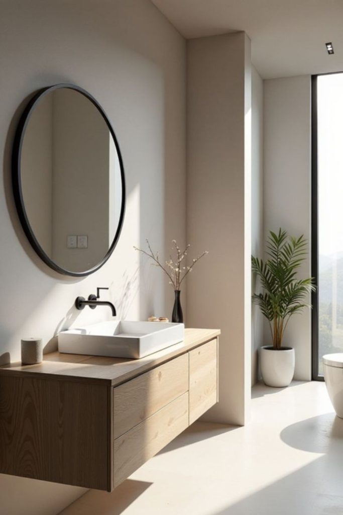 Floating vanity bathroom with airy look.