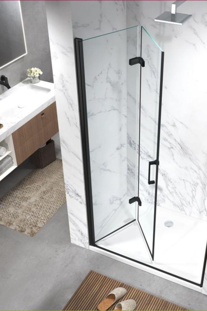 Folding glass panels save shower space.