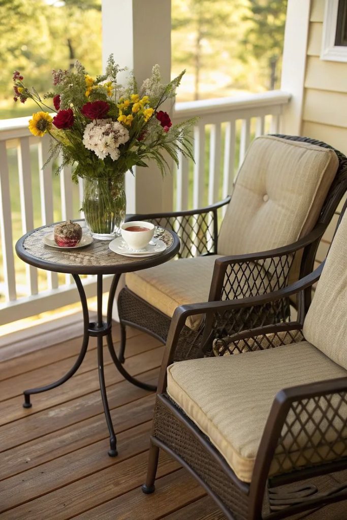 Elegant porch with wrought iron chairs