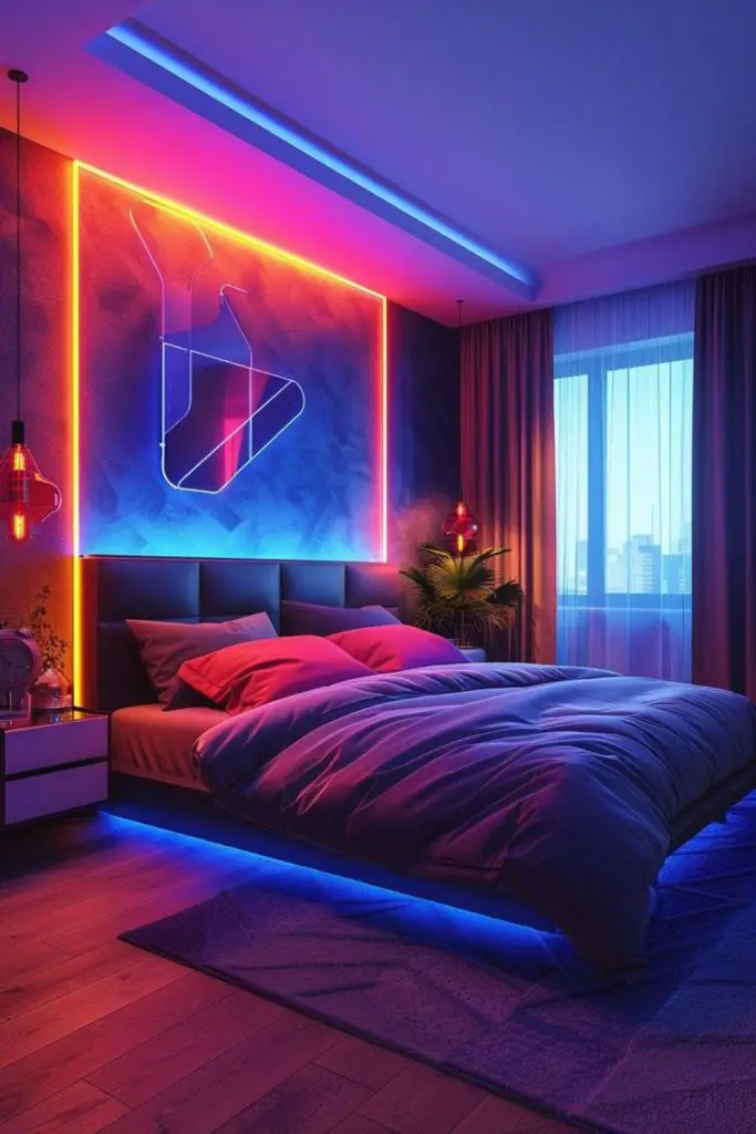 Sci-fi neon futuristic sleeping chamber.