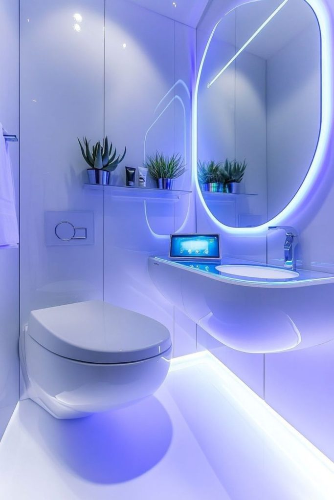 Futuristic bathroom pod with glowing lights.