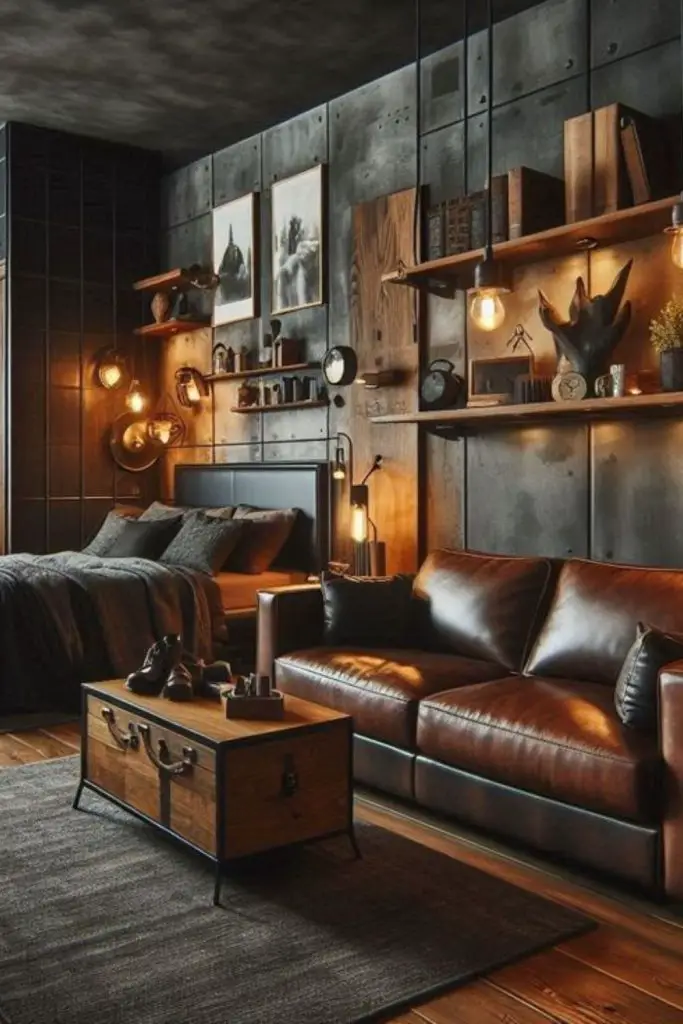 Whiskey-inspired masculine lounge bedroom decor.