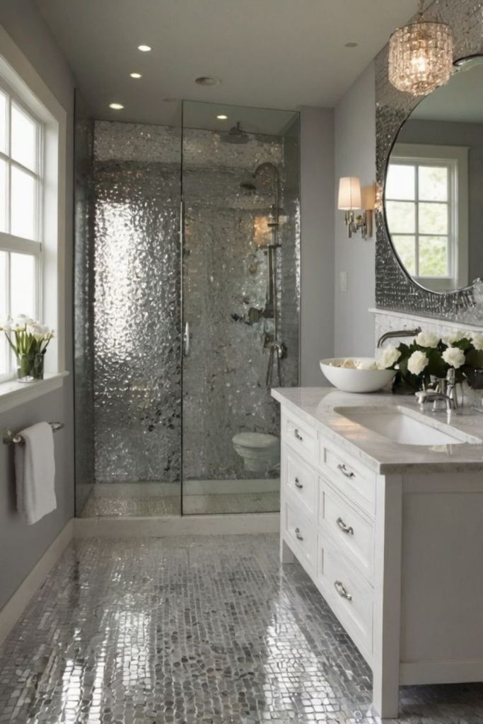 Glam bathroom with sparkling crystal mirrors.