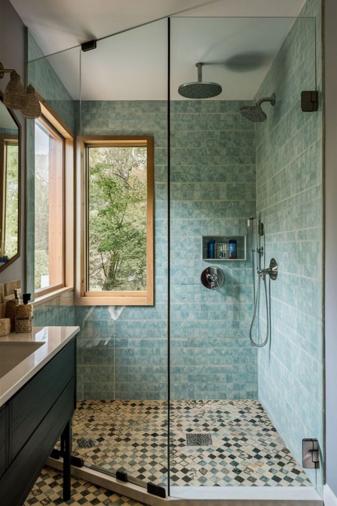 Glass shower bathroom with open design.