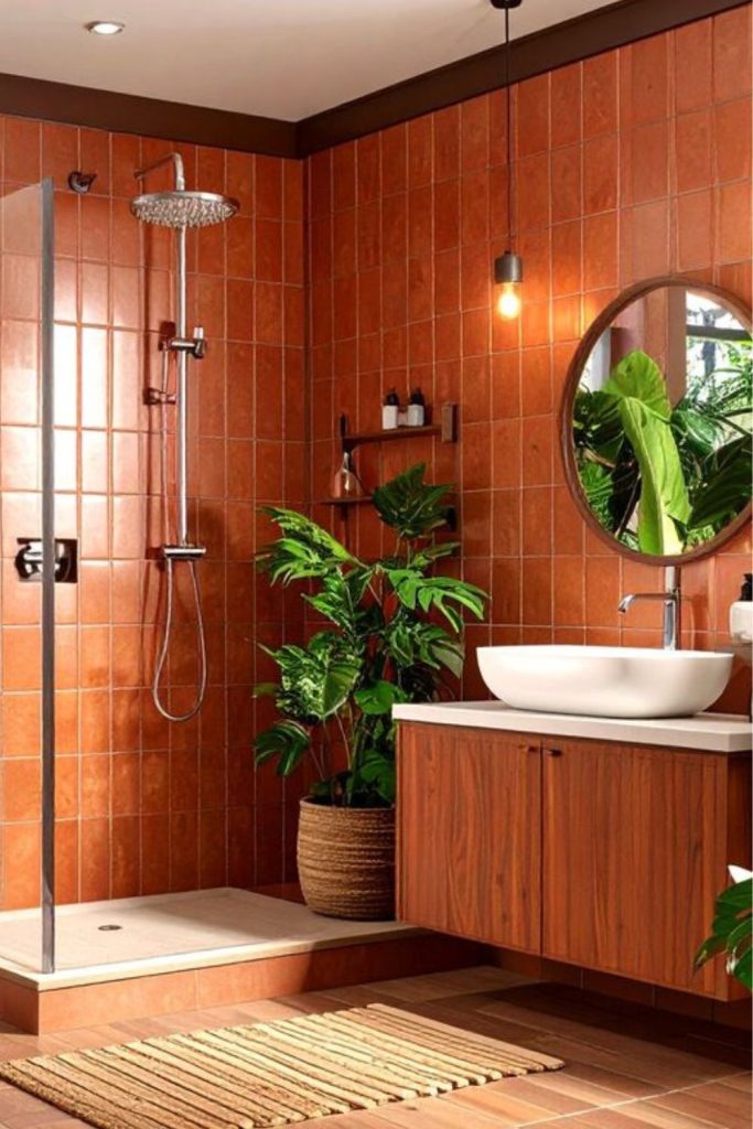 Golden sunburst wetroom with amber glow