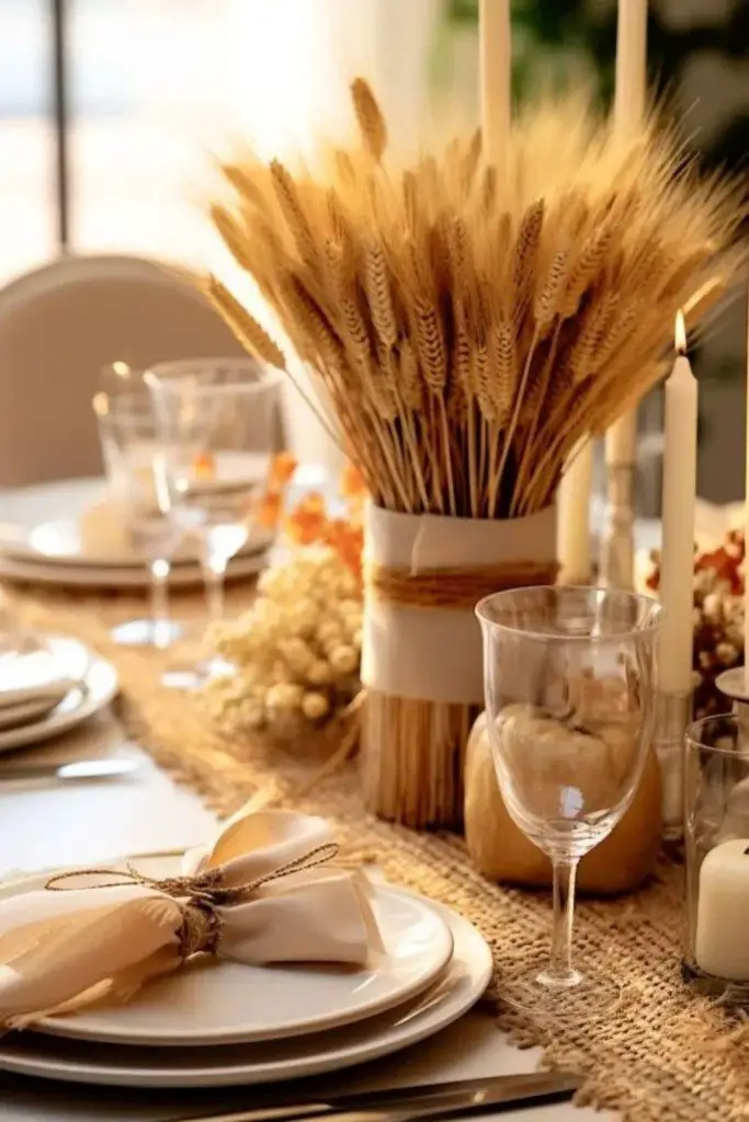 Golden wheat rustic harvest table arrangement