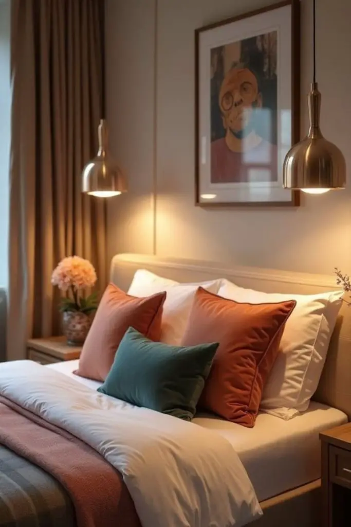 Hanging pendant lights above small bed