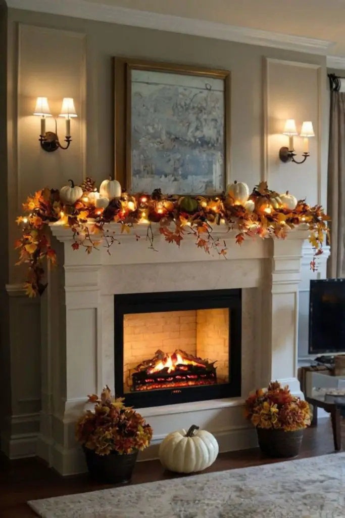 Garland of pumpkins decorates fall mantel.