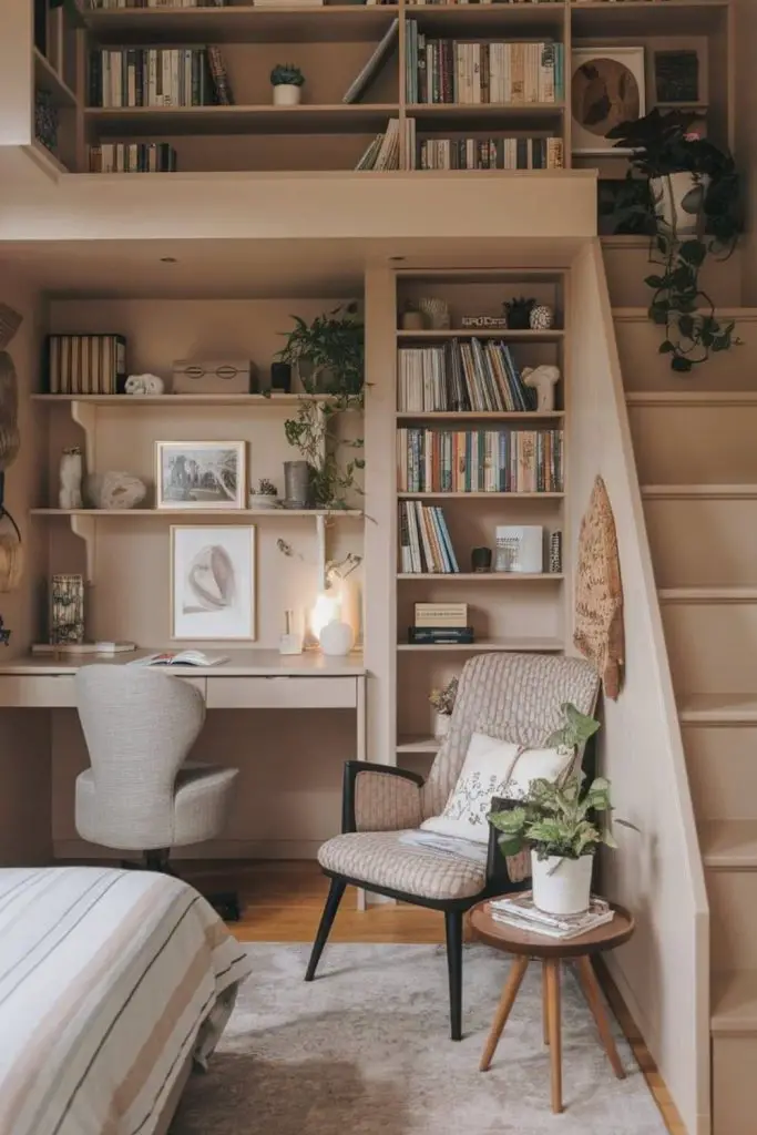 Hidden nook library with cozy shelves.