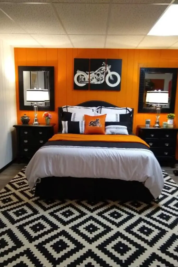 Motorcycle-inspired rugged men’s bedroom.
