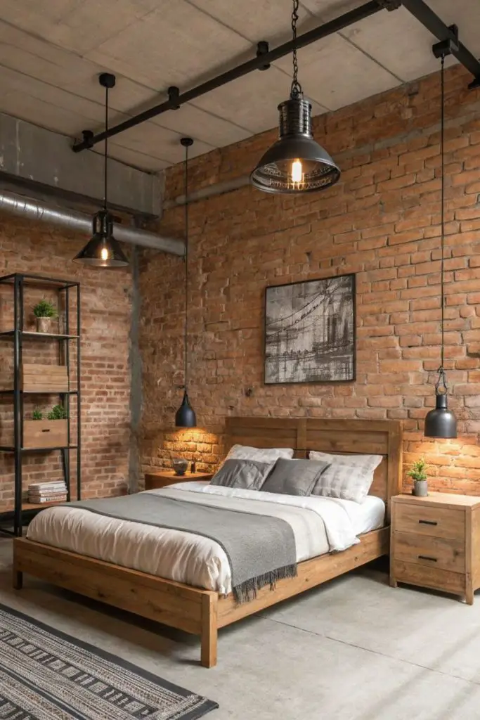 Raw brick and iron masculine bedroom.