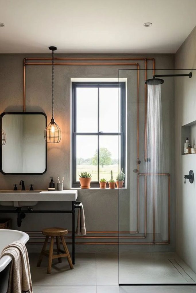 Industrial pipe wetroom with copper accents