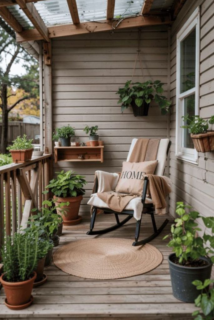 Pale timber porch with bamboo planters.