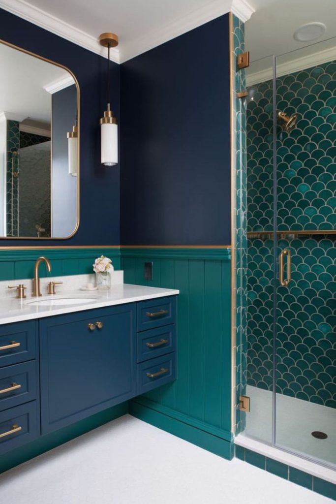Jewel tone bathroom with gemstone palette.