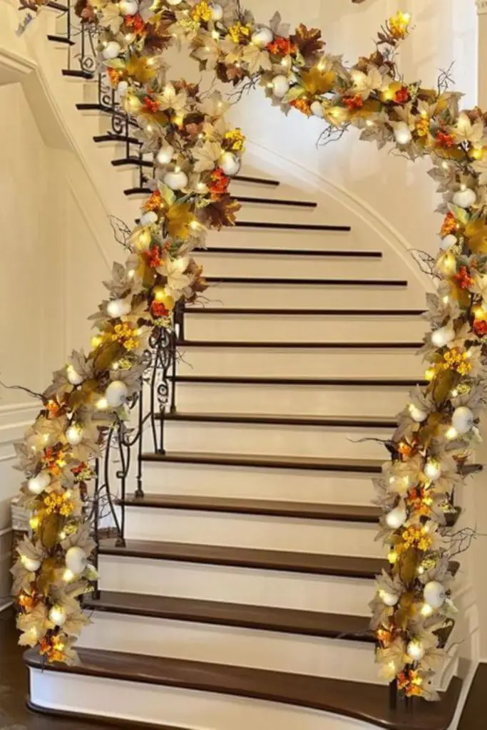 Leafy staircase garlands transform autumn steps.