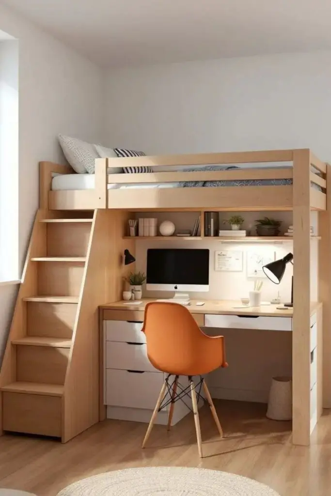 Lofted bed with hidden storage space.