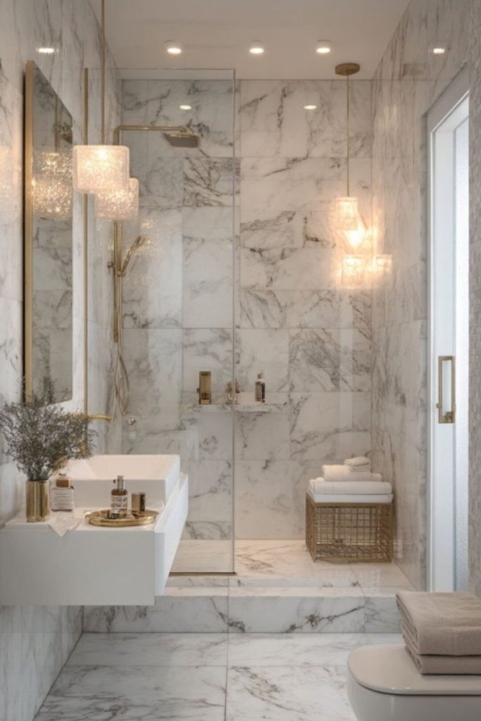 Marble bathroom with golden accents elegance.