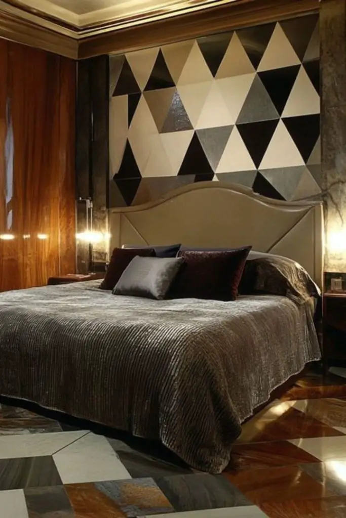 Glamorous art deco-inspired bedroom retreat.
