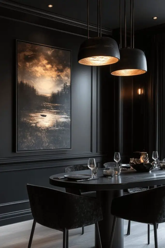 Midnight glass reflective dining space