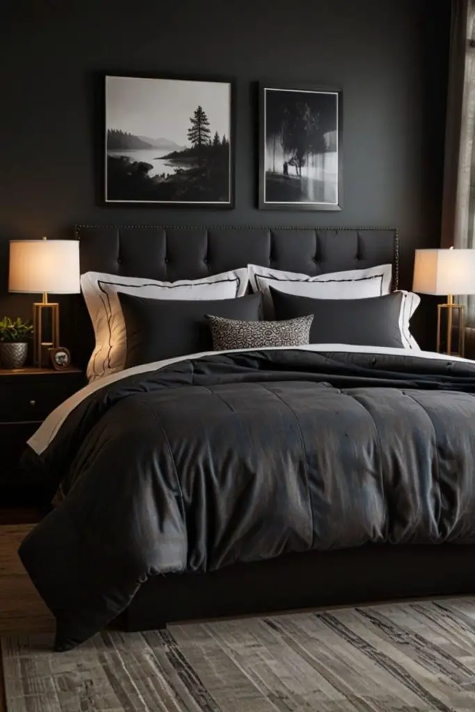 Sleek dark minimalist men’s sanctuary.
