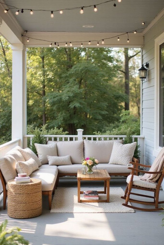 Crisp timber porch with woollen seating.