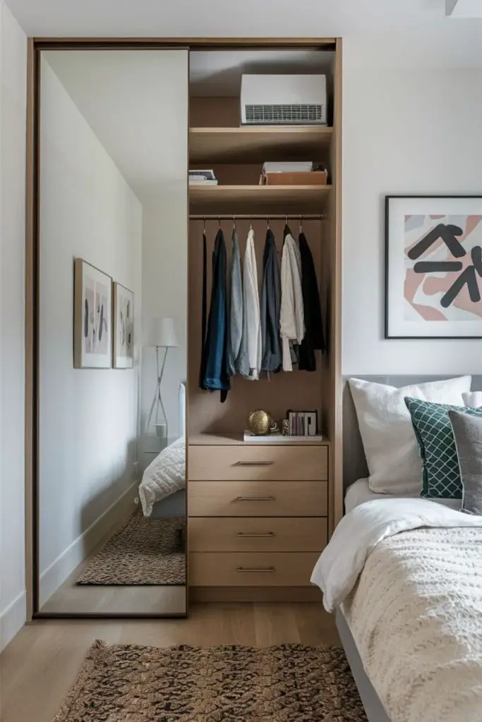 Mirrors reflecting light in small bedroom