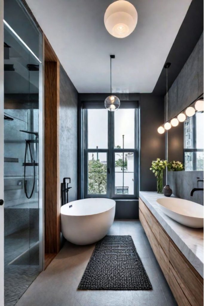 Mirror bathroom creating spacious visual illusion.