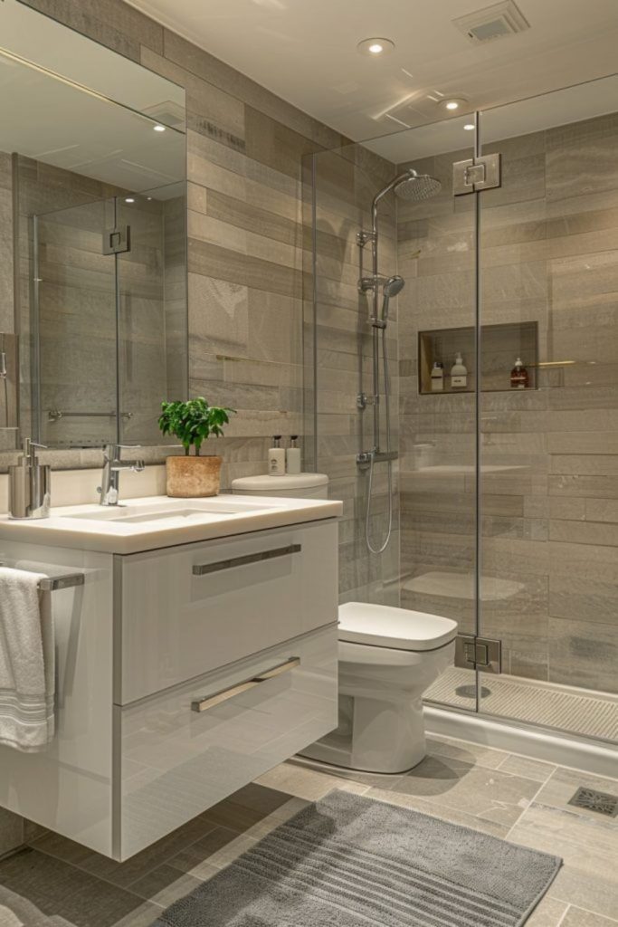 Mirrors create larger bathroom space illusion.