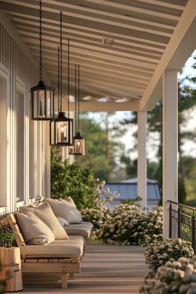 Minimal porch with lantern soft lighting.