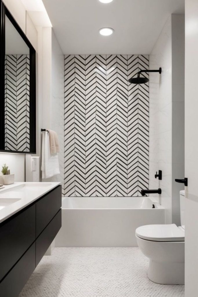 Monochrome scheme enlarges small bathroom feel.