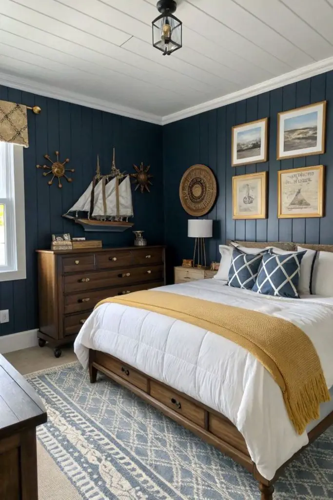 Seafaring nautical-inspired captain’s bedroom.