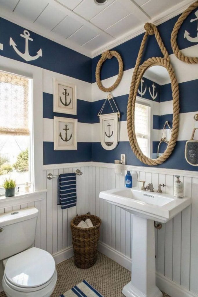 Nautical rope bathroom with seaside vibe.