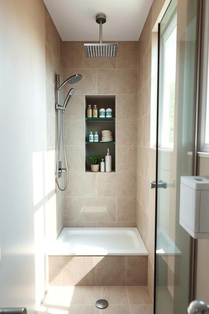 Wall niches provide hidden shower storage.